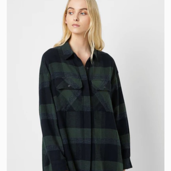 French Connection Green and Black Flannel Dolman Sleeve Shirt Dress - Picture 2 of 7